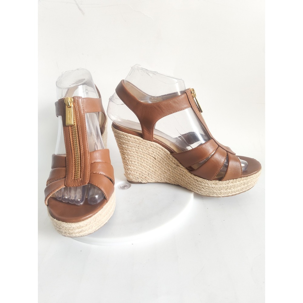 Michael Kors Espadrille Sandals 7 Wedge Brown Leather Zip Boho Strappy Berkley